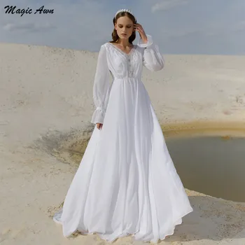 Magia Awn Chiffon De Casamento De Praia Vestidos De Branco De Mangas Compridas Apliques De Renda E Costas Abertas Boho Vestidos De Noiva Simples Ilusão Vestidos