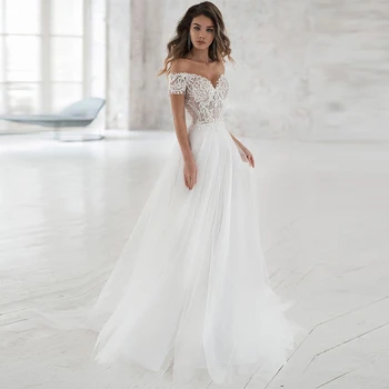 Simples Fora Do Ombro Em Tule 2022 Vestido De Noiva Para Mulheres Elegantes Com Decote Em V Uma Linha De Apliques De Renda Sem Encosto Com Botão De Vestido De Noiva