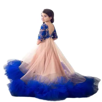 Luxo Azul Babados Princesa Vestidos Da Menina De Flor Sem Encosto De Aniversário Concurso De Comunhão Robe De Demoiselle Festa De Casamento