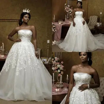 vestidos de noiva de Renda Africana Vestidos de Noiva Uma Linha com Decote sem Tamanho Plus Vintage Vestidos de Noiva a Igreja Chiques Vestidos de Noiva em Dubai