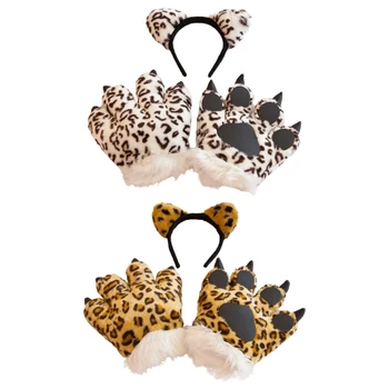 Adulto do Luxuoso das Crianças Leopard Cosplay Traje Conjunto de Orelhas Bonito Cabeça 3D Animal Pata Fofo Luvas de Brinquedos de Pelúcia Luvas de Fornecimentos de Terceiros
