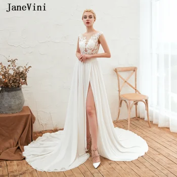 JaneVini Sexy Longo Branco Vestido De Casamento De Trem De Uma Linha De Mangas Apliques De Renda Mais Alta-De-Fenda, Chiffon Vestidos De Noiva Veste Mariee Boho