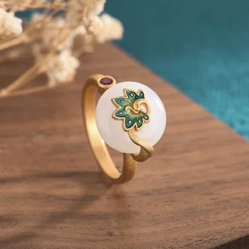 Jade Branco Pavão Anéis De Pedra Esculpida Presentes Anel Ajustável Talismãs Mulheres Verdadeiros Amuletos Encantos Prata 925 Natural Jóias