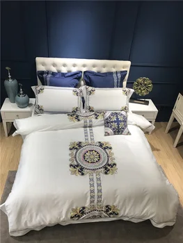100% algodão Egípcio conjunto de roupa de cama Branca com bordado da rainha, cama king size set 4/7pcs bedsheet televisão folha de capa de edredão conjunto de 40