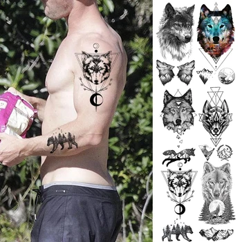 Coiote, Lobo, Urso de Tatuagens Temporárias Para as Mulheres Geométricas Falso Montanha Tatuagem Realista dos Homens Negros Moda Tatoos Impermeável Braços