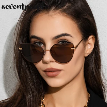 Sem aro, Óculos estilo Olho de Gato Mulheres 2021 Marca de Luxo Designer Frameless Cateye de Óculos de Sol para Senhoras Moda Grande Armação do Óculos de sol
