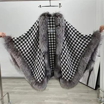 2022 Mulheres Casaco de Pele Poncho de Lã Quente de Moda Houndstooth Capa Com acabamento de Peles de Luxo Real Silver Fox Fur Poncho Cabo