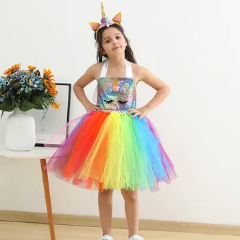 Crianças Roupas De Halloween Cospaly Arco-Íris Lantejoulas Vestido De Unicórnio Saia Meninas De Vestido Princesa Tutu Saia Disfraces