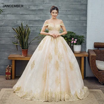 J66651 jancember vestidos de noiva fora do ombro de ouro laço de v-pescoço até o chão vestido de bola vestidos de noiva vestido de festa 2019