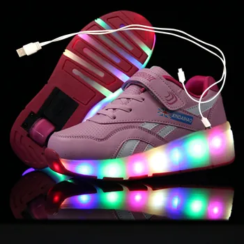 shoese cor-de-Rosa Preto USB de Carregamento de Moda Meninas Meninos de Luz LED Rolo de Sapatos de Skate Para Crianças Tênis Com Rodas rodas de Um