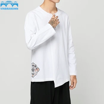 Nova Moda Casual masculina Roupa de cama de Algodão de Manga comprida T-Shirt de Estilo Chinês, Homens de Grande porte Soltos Rolo Botão de Camisa Bordado a parte Superior