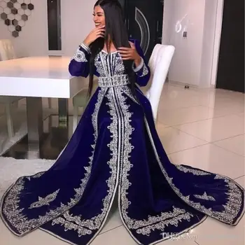 Árabe Muçulmana De Manga Longa Noite Vestidos Com Decote Em V Esferas De Cristal Apliques De Renda Abaya Caftan Glamour De Dubai Longo De Cetim Vestido De Baile