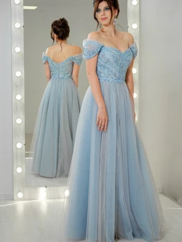 платье вечернее Azul Tulle Vestidos de Baile Divisão Alta Noite, Vestido de Uma linha Off Ombro vestidos de festa de noche