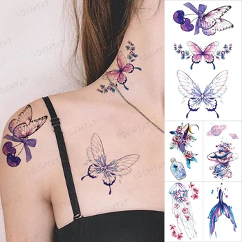 Moda Sexy Butterfly Baleia Roxo Impermeável Da Etiqueta Temporária Tatuagem No Pescoço Braço Kid Flash Falso Tatto Arte Corporal Da Mulher Menina