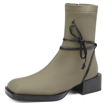 Feminino Botas Cruz Amarrado Sqaure Toe Ankle Boots Para As Mulheres 2023 Novas Chegadas Confortáveis Sapatos Casuais Mulher Marca De Moda Med Calcanhar