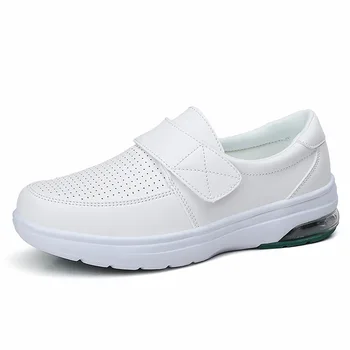 Couro impermeável Sapatos para Mulheres Almofada de Ar de Sola Macia Branca Enfermeira sapatos de Senhoras Office Magia de Fita Anti-Derrapante Casuais Sapatos de Trabalho