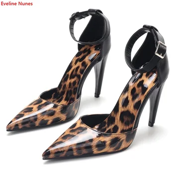 Sexy estampa de Leopardo Bombas de 2022 Dedo Apontado 10cm Fino Salto Alto Fivela no Tornozelo Moda Verão Nova Chegada Plus Size Sapatos Para Mulheres