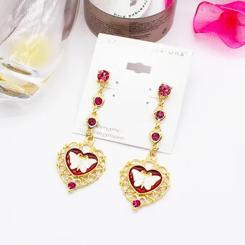 A moda Japonesa e coreana Ornamento de Atacado, De-Lovely de Ouro em Forma de Coração cor-de-Rosa de Cristal Pingente de Borboleta Dangle Brincos de Orelha