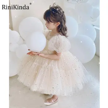 RiniKinda 2023 Verão Primavera Vestido de Manga Curta O Pescoço Sólido Roupas de Crianças Meninas Elegante para as Meninas Criança Vestido de Festa para Meninas