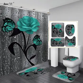 JaneYU Hot Digital de Alta Definição de Impressão de Poliéster Impermeável Flor Pequena casa de Banho Hotel Cortina de Chuveiro conjuntos de 4 peças