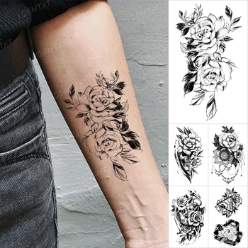 Impermeável Tatuagem Temporária Adesivo Preto De Linha De Flor Da Rosa Peônia Girassol Henna Flash Tatto Mulheres Homens De Pulso Corpo Arte Falsa Tatoo