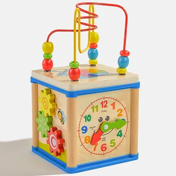 De Educação de Infância para Crianças, Relógio de Madeira Multi-funcional Rodada do Grânulo de Brinquedos, Caixa de Tesouro de Quatro lados Inteligência de Jogo