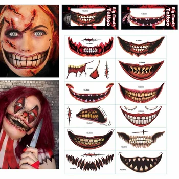 12PCS de Halloween Tatuagem Adesivos Palhaço Zumbi Boca Etiqueta da Tatuagem de Palhaço Assustador Boca Tatuagem Colar Face Colar Horror Sorriso Adesivo