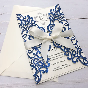 Exigente Noiva Real Glitter Azul Convites de Casamento de Corte a Laser Convite Printable Cartões de Convite - conjunto de 50 pcs