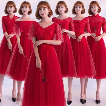 Beleza Emily Uma linha Laço Vermelho Vestidos de Dama de honra 2020 Curto para as Mulheres Plus Size Festa de Casamento, Baile, Vestidos de Mulheres