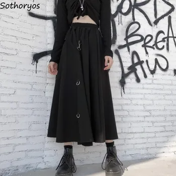 Preto Tática Saias das Mulheres Bezerro Comprimento Alunos Streetwear Hip-hop Chic Alta da Cintura de Uma linha de Estilo coreano BF Elegantes S-3XL Ulzzang