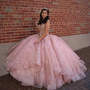 Brilhante Cor-De-Rosa Querida Vestidos De Quinceanera 2021 Cintas De Espaguete Princesa Laço De Lantejoulas Concurso De Festa Doce De 15 Vestido De Baile