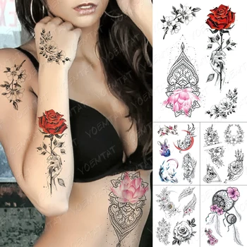 Impermeável Da Etiqueta Temporária Tatuagem Linha Rosa Mão Flores Flash Tatuagens Coelho Elf Apanhador De Sonhos Corpo Arte Braço Falsa Tatoo Mulheres
