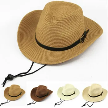 Palha Chapéu de Cowboy para os Homens Verão Ocidental Chapéus Adultos Legal Panamá Mulheres de Chapéu de Sol com Cinto de Praia de Cap com seqüência de Chapéu de Cowgirl