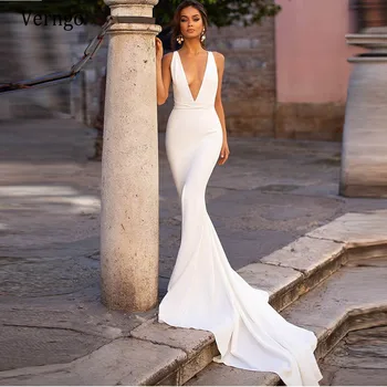 Verngo Simples Sereia Do Vestido De Casamento De Praia Sem Encosto Sexy Profundo Decote Em V Vestidos De Noiva Fenda Elegante Longo Branco Vestido De Festa De Casamento