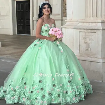 Sage Verde Querida Mangas até o Mexicano Vestido Quinceanera Bola Vestido de Flores em 3D Apliques de Renda Espartilho Vestidos De XV Anos