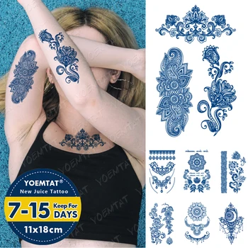 Tinta Azul Suco Impermeável Temporária Tato Adesivo Sexy Henna Flor Corpo Arte Duradoura Fake Tattoo Homens Mulheres Flash De Transferência De Tatuagens