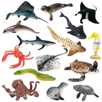Simulação de vida marinha modelo de brinquedo das crianças tubarão golfinho moray rei do caranguejo, tartaruga conjunto de ornamentos
