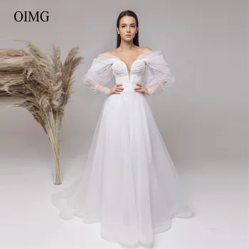 OIMG Princesa Uma Linha Puff Mangas compridas, Vestidos de Noiva Fora do Ombro Comprimento do Assoalho Vestidos de Noiva Branco Simples de Vestido de noiva