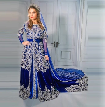 Azul real Marroquina Kaftan Caftan Muçulmano Vestidos de Noite de Uma linha de Mangas compridas Apliques de Dubai árabe Turquia Abaya Islâmica Vestido
