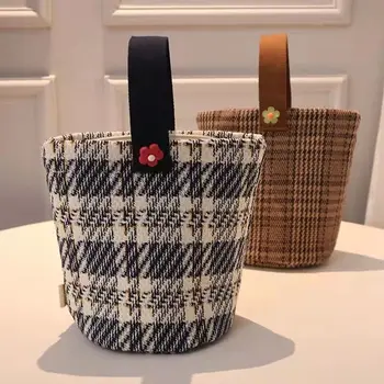 Moda Simples Xadrez Saco De Lona Trabalhador De Escritório Casual Mamãe Saco Engrossado Caixa De Almoço Bolsa Saco De Mão
