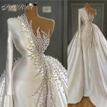 Elegante Cetim, Pérolas Beaded Vestido de Noiva com Trem Destacável Dubai Mangas compridas Africano Vestido de Noiva Vestido De Noiva 2022
