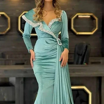 Azul فستان سهر V-pescoço de Cetim Sequins Robe De cóctel 2023 Sereia Sexy com Mangas Longas da Moda Fita sem encosto Dubai Vestido de Noite
