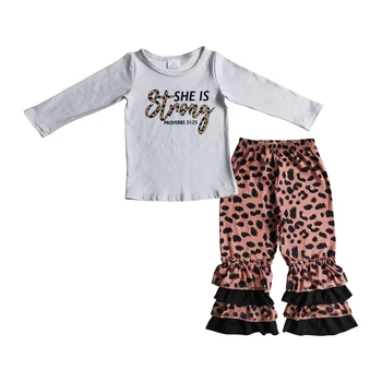 Ela é forte o bebê meninas outono-inverno de roupas de crianças sem moq pronto para enviar leopard roupa toddle meninas boutique roupa, roupas de bebê