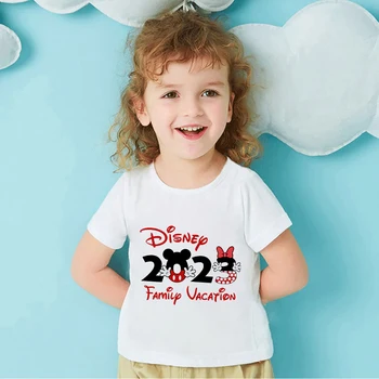 Disney 2023 Impressão Em Série De Crianças De 3 A 12 Anos T-Shirts Do Minnie Do Mickey Do Gráfico De Férias Com A Família Texto Unissex, Roupas De Meninas Dropship Tops