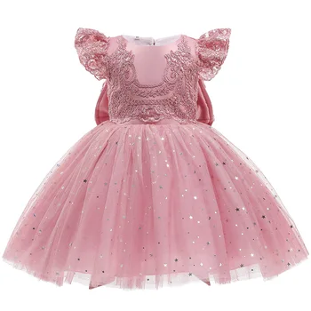 Novo bebê menina primeira festa de aniversário do vestido voador mangas sem encosto princesa vestido de renda de costura arco vestido de 0-6 anos de idade as crianças'