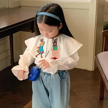 Crianças com Roupas de Menina Bordada de desenhos animados Grande Lapela da Camisa de Outono Primavera Branco, Camisa Preta coreano de Menina Casual Camisa Blusa