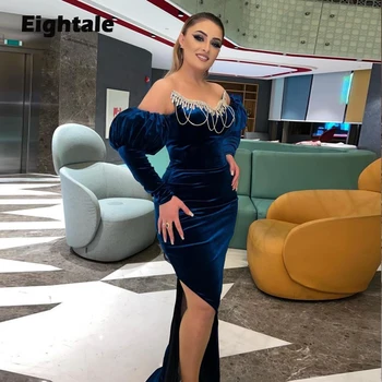 Eightale de Veludo Vestido de Noite para a Festa de Casamento Fora do Ombro Mangas compridas Azul Frisado Sexy Fenda Lateral árabe Sereia Vestidos de Baile