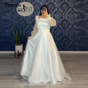 Verngo Uma Linha Arabric Mulheres Vestidos de Noiva de Tule Mangas compridas Barco Pescoço Vestidos de Noiva Simples das Mulheres Vestido Formal Robe de mariage