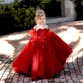 Requintado Red Puff Mangas De Vestidos Da Menina De Flor Para A Noiva, Em 2022, A Princesa De Tule Floral Appiliques Querida Vestido De Primeira Comunhão
