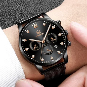 Malha de aço inoxidável correia de Marca Homens relógios de Moda Masculina relógio de Luxo Relógio Preto de Fivela de Data do Calendário Homens de quartzo de pulso